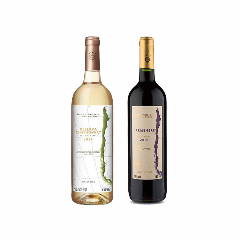 Kit 2x Vinhos Brancos/Tintos Chileno Baron Philippe de Rothschild Chardonnay/Carmenere 750ml