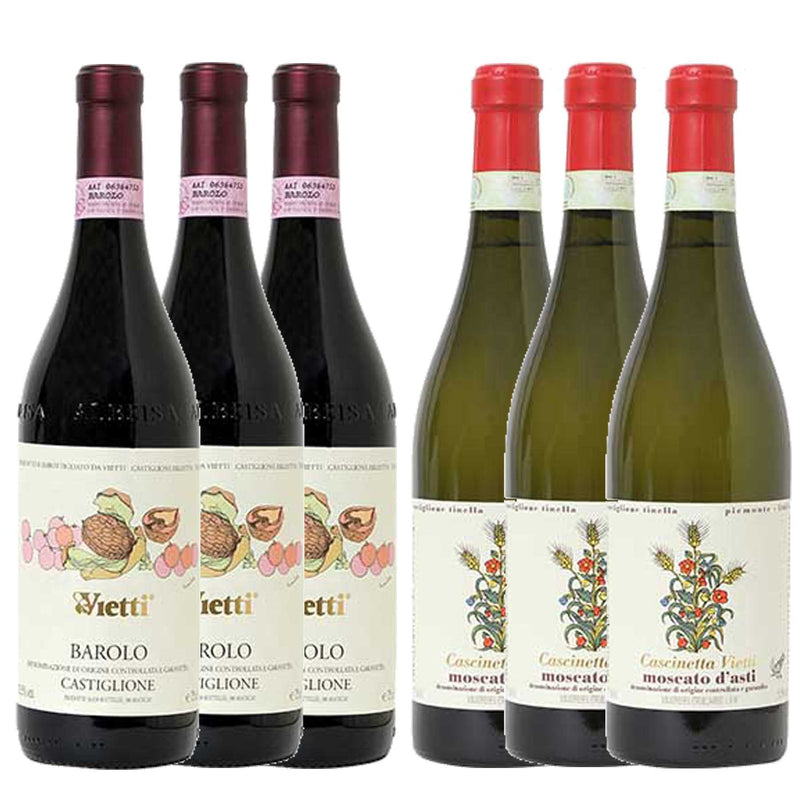 Kit 6x Vinhos Tintos Italiano Barolo Castiglione Vietti/Moscato D'Asti DOCG