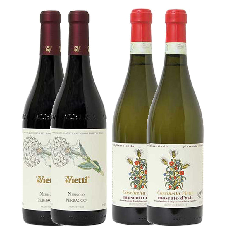 Kit 4x Vinhos Tintos Italiano Nebbiolo Perbacco/Moscato D'Ásti DOC 2017