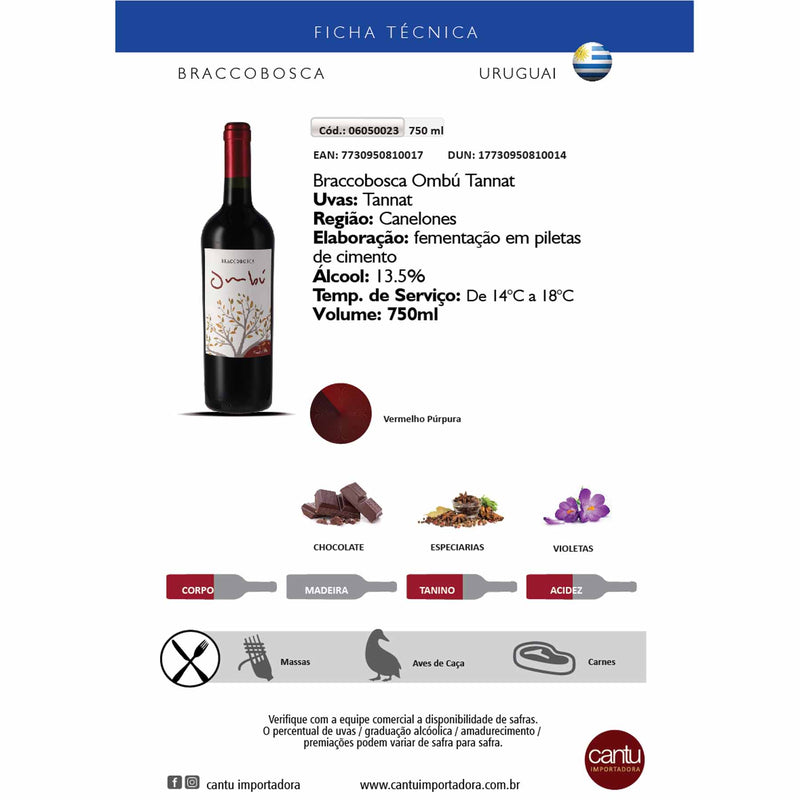 Kit 2x Vinhos Tinto Uruguaio Braccobosca Tannata Ombu 2017